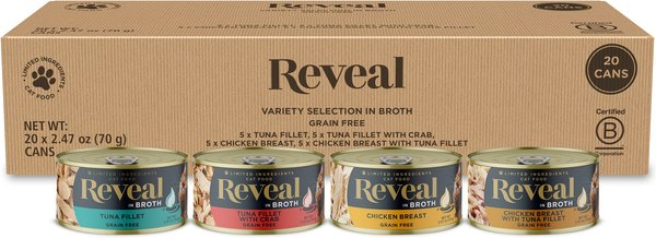 Reveal Fish & Chicken Variety Selection in Broth Grain-Free Flaked Wet Cat Food, 2.47-oz can, case of 20
