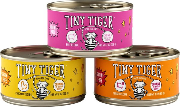 Tiny Tiger Grain-Free Chunks in EXTRA Gravy Beef & Poultry Recipes Variety Pack Canned Cat Food